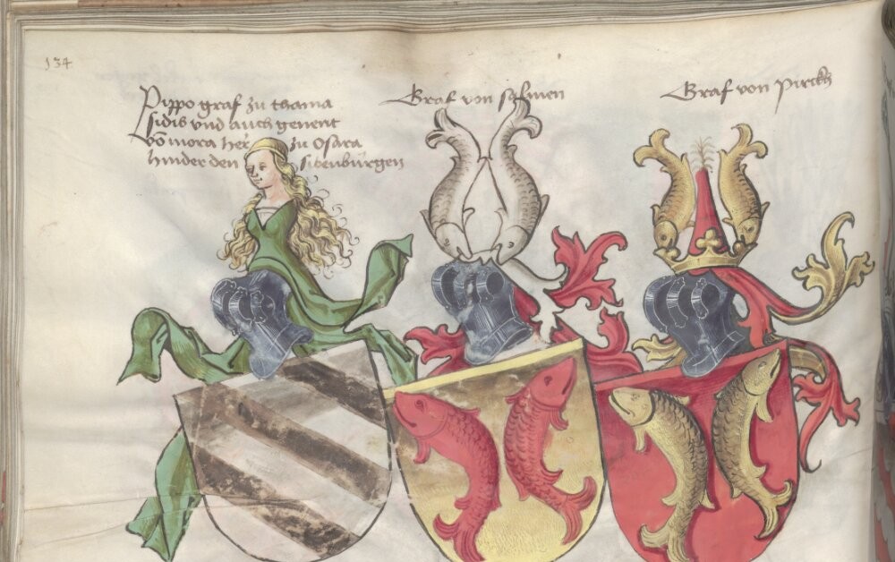 V.15._Richental – St. Georgeni kézirat. Karlsruhe_fol. 146v Cillei, Garai, Stiborici, Ozorai