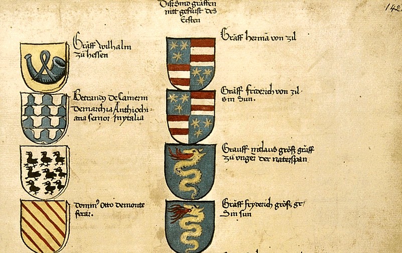 V.12._Richental Konstanz kézirat Konstanz Rosgartenmuseum fol. 142r Cillei Garai Stiborici Ozorai Kanizsai