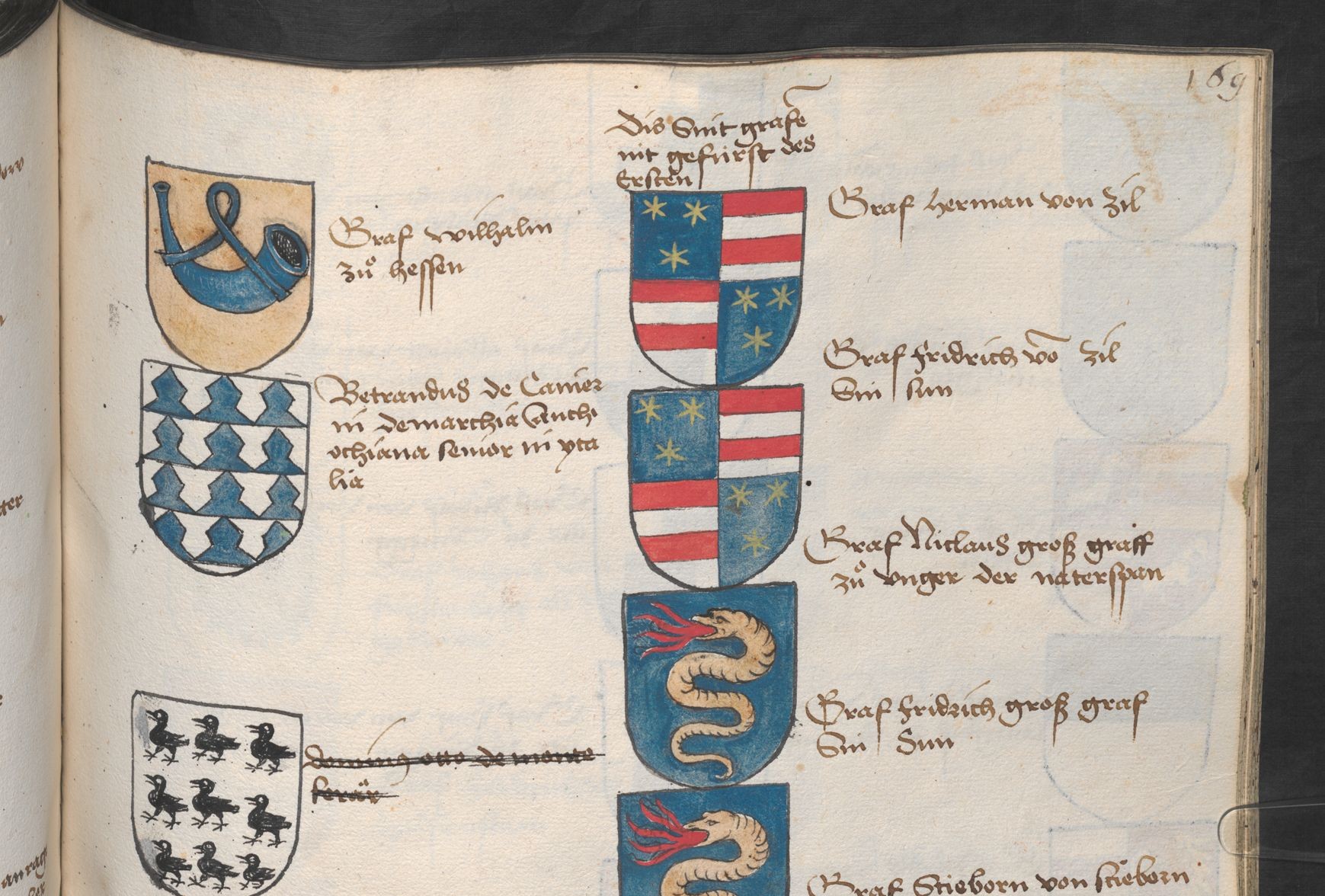 V.13._Richental – Bécsi kézirat. Bécs Österreichische Nationalbibliothek Cod. 3044. fol. 169r Cillei Garai Stiborici Ozorai Kanizsai
