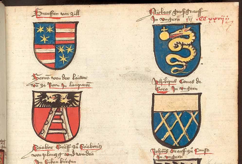 V.14._Richental – Prágai kézirat. Praha, Nemzeti Könyvtár fol. 221r Cillei, Garai, Stiborici, Ozorai, Kanizsai