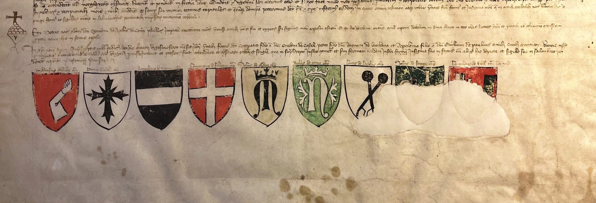 V.3._A győztes Guido és Ugolino Gonzagak fogságába esett magyar zsoldosok fogadalomlevele, címereikkel, pecsétjeikkel 1362-ből. Archivio di Stato di Mantova Busta 48 C. 13.