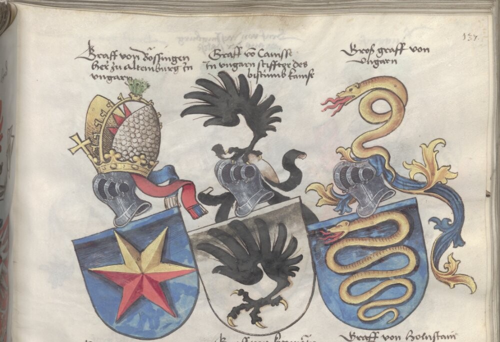 V.15._Richental – St. Georgeni kézirat. Karlsruhe_fol. 146v Cillei, Garai, Stiborici, Ozorai